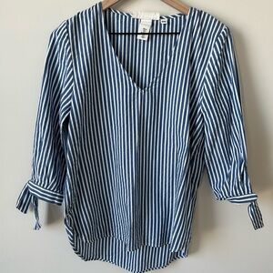 H&M Blue & White Striped V-Neck Blouse Preppy Coastal Tie Sleeves